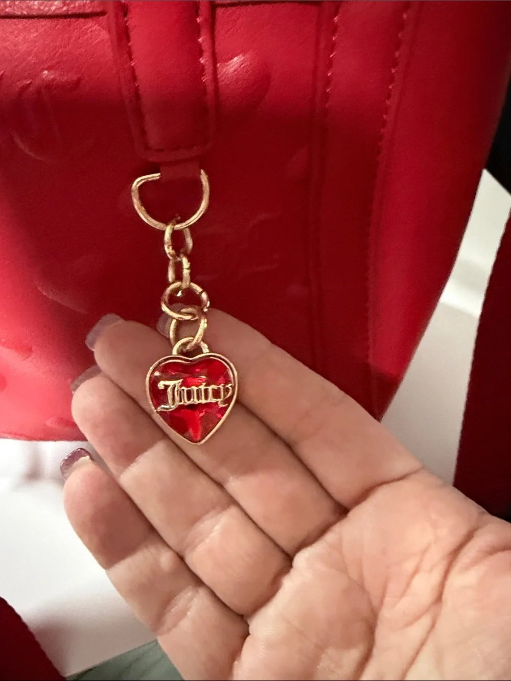 Juicy Couture Red Heart-Embossed Crossbody Satchel with Gold Charm